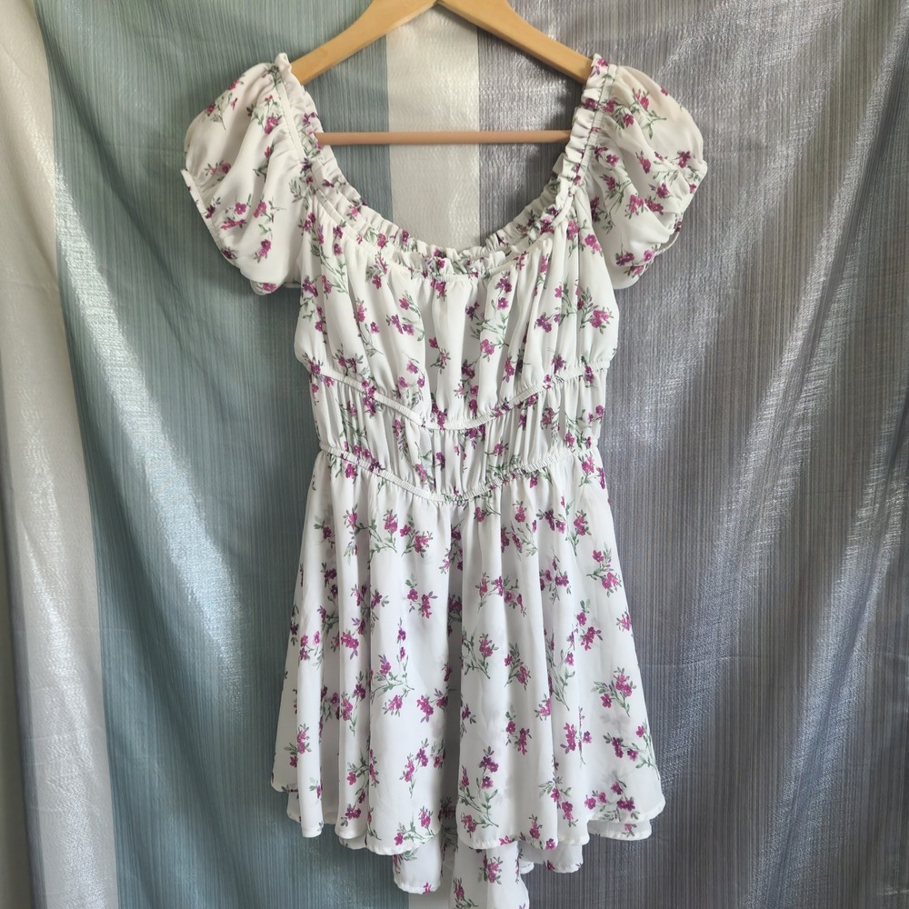 Windsor White Purple Floral Smocked Mini Dress Fairy Cottage Short Puff Sleeve M